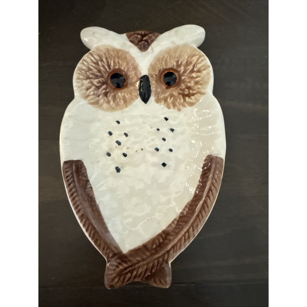VTG Enesco Ceramic OWL Jewelry Trinket Ring Dish 6" X 3.5" Japan